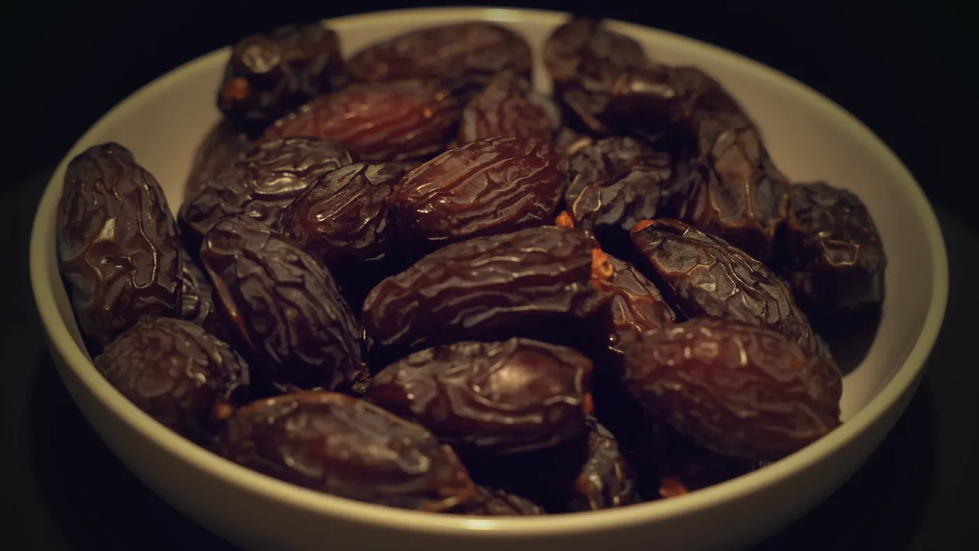 A bowl of dates on a dark table