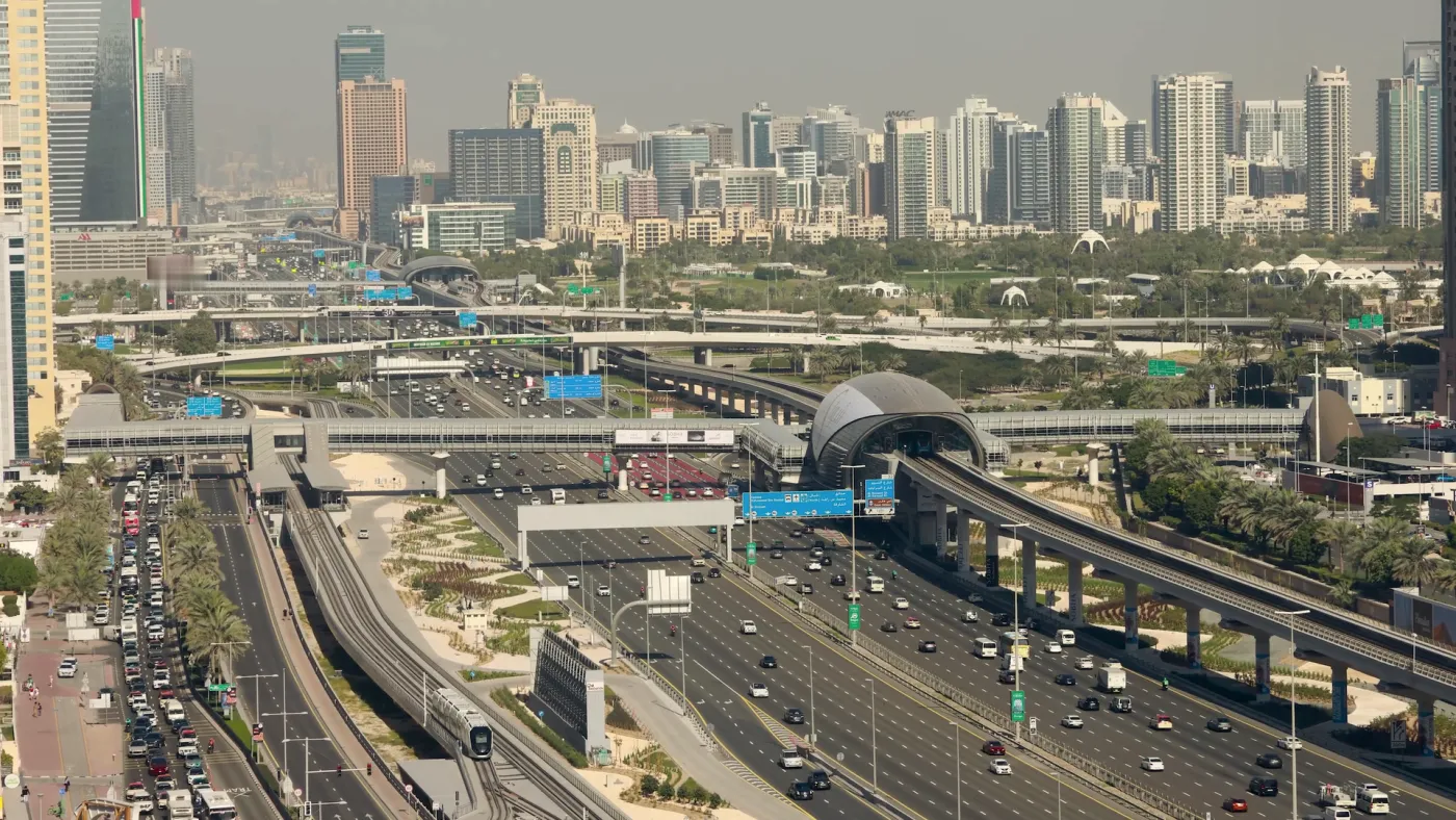 Sheikh Zayed Road with the Dubai Metro, seen from above